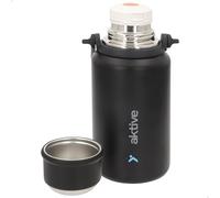 AKTIVE Botella térmica Acero Inoxidable, 900 ml, Negro, Mide 10x10x22 cm, Tapón hermético antifugas, Incluye Taza, Asa y Correa, Libre BPA, Base Antideslizante, Botellas Termo (63138)