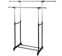 AKTIVE MAX Home Perchero de Ropa Altura Ajustable, 150x440x160 cm, Peso máximo soportado X, con balda para Zapatos, con Ruedas, Doble Barra, Extensible, Moderno, Negro y Acero, Minimalista (18806)