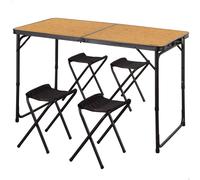 Aktive - Mesa plegable aluminio 120x60 cm acabado bambú, con 4 taburetes acero, regulable 60/70 cm, portátil con asa