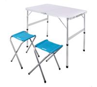 AKTIVE Mesa plegable portátil camping, Tipo maletín, Mide 90x60 cm, Altura ajustable 40/70 cm, Topes antideslizantes, Cierre seguridad, 2 taburetes de acero (63189)