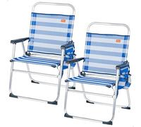 AKTIVE Pack 2 Sillas de Playa Plegables, Textileno Transpirable, hasta 100 kg, con Bolsillo Lateral, Portabotellas, Topes antivuelco, Plegables con Asas, Rayas Azules (85537)