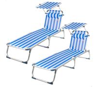 AKTIVE Pack 2 tumbonas Playa, 186x49x30 cm, 5 Posiciones, Azul a Rayas marineras, Peso soportado por Tumbona 110 kg, Parasol Incorporado, Cojín, Plegado Compacto, Asa Lateral (85546)