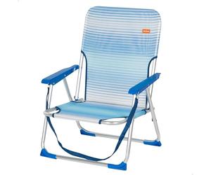 AKTIVE Silla playa plegable, Azul rayas, 45x40x70 cm, Incorpora topes antivuelco, Asa de hombro, Soporta 110 kg, Asiento bajo, Estructura aluminio, Tejido textileno, Reposabrazos plástico (62670)