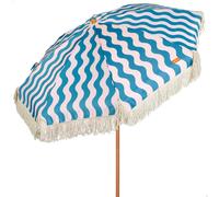 AKTIVE Sombrilla de playa, Mide D200 cm, Rayas con flecos, 8 varillas, Protección UV50, Poliéster, Mástil acero efecto madera 28/32 mm, Incluye funda de transporte con asa de hombro (62500)