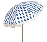 AKTIVE Sombrilla de playa, Mide D200 cm, Rayas con flecos, 8 varillas, Protección UV50, Poliéster, Mástil acero efecto madera 28/32 mm, Incluye funda de transporte con asa de hombro (62500)