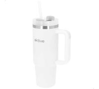 AKTIVE Vaso Térmico de Acero Inoxidable, 900 ml, Blanco, con Pajita, Asa Ergonómica, Tapa Antifugas, 14x9x25 cm