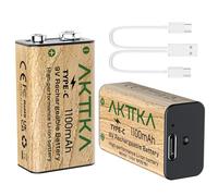 AKTTKA 2 Baterías Recargables 9V USB-C 1100mAh, 6F22 de Alto Rendimiento, Carga Rápida, Ideales para Detectores de Humo, Micrófonos Inalámbricos y Pequeñas Iluminaciones LED