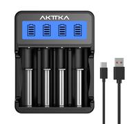 AKTTKA Cargador de Baterías 18650 Inteligente de 4 Bahías Indicador LCD Entrada Type-C/Micro-USB Compatible con Baterías Li-Ion de 3,7V (18650/21700) y Baterías NiMH de 1,2V (AA/AAA/C) Recargables