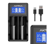 AKTTKA Cargador de Baterías Inteligente con Pantalla LCD y Carga Rápida de 5V/2A Compatible con Baterías Li-Ion 18650/21700/20700/26650 y Baterías Ni-MH/Ni-CD AA/AAA/C, con Puerto Type-C