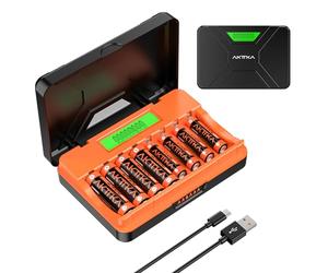 AKTTKA - Cargador de Pilas de 8 Ranuras, con 4 Pilas Recargables AA de 2400 mAh y 4 Pilas AAA 1100 mAh Ni-MH 1,2 V, con Cable de Carga Tipo C