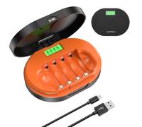 AKTTKA Cargador de Pilas Recargables AA/AAA NiMH/NiCd, 4 Ranuras, Carga Rápida y Eficiente (hasta 85%+), Voltaje/Corriente Constantes, USB 5V/2A, Temporizador MCU y Protecciones Múltiples