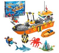 AKWME Juego Construcción Barcos City Ocean Explorer, Juego Construcción Barco Exploración con Luces LED, Helicóptero, Submarino y Jaula Tiburones, Regalos Cumpleaños para Niños y Niñas 6-12 Años