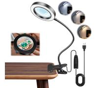 Akynite 10X Lupa con Luz y Pinza & Cable USB, 3 Modos de Color 10 Brillo, Lupa de Trabajo LED para Trabajos de Precision Modelismo Pintura de Miniaturas Lectura Coser, Función de Memoria, Flexo Negro