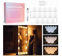 Akynite Luces Espejo Maquillaje 14 Bombillas con Adaptador, Cable Ajustable, 3 Colores y 10 Brillos, Luz LED Estilo Hollywood USB, Luces Tocador Adhesivas, Luces LED Kit de Espejo, 1 juego