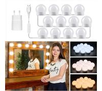 Akynite Luces Espejo Maquillaje Hollywood con Adaptador, 12 Bombillas, Cable Ajustable, 3 Colores y 10 Brillos, Luz Espejo Adhesiva, Luz para Tocador, Make Up Luces LED Espejo USB, 1 juego