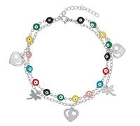 Akzent Tobillera para mujer, de acero inoxidable, 2 filas, 24 + 5 cm, ajustable - Tobillera Prisara con colgante de palmera, corazón y ojo de Nazar, plata u oro
