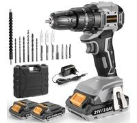 AKZWOXRO Taladro Percutor a Bateria 21V, Sin Escobillas Taladro Atornillador Bateria con 2x2.0Ah Baterías, Atornillador Electrico 45N.m, 20+3 Ajuste de Par, 14 Accesorios, 2 Velocidad, Gris
