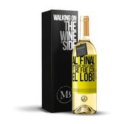 «Al final caperucita tiro la canasta y se fue con el lobo» Mensaje en una Botella. Vino Blanco Premium Verdejo Joven + Gift Box. Etiqueta Amarilla PERSONALIZABLE