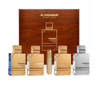 Al Haramain Amber Oud - Juego de regalo de 4 x 60 ml, incluye atomizador de viaje, colección de perfumes árabes unisex de lujo con ediciones doradas, azules, blancas y carbono. Fragancias árabes Oud y