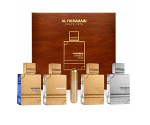 Al Haramain Amber Oud - Juego de regalo de 4 x 60 ml, incluye atomizador de viaje, colección de perfumes árabes unisex de lujo con ediciones doradas, azules, blancas y carbono. Fragancias árabes Oud y