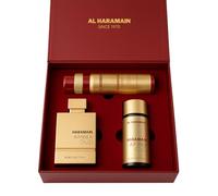 Al Haramain Amber Oud Ruby Edition Set de regalo, Eau de Parfum de 75 ml + tamaño de viaje 30 ml + desodorante corporal en spray de 200 ml | Fragancia árabe premium para mujeres y hombres | Elección