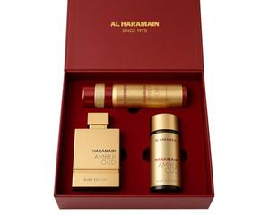 Al Haramain Amber Oud Ruby Edition Set de regalo, Eau de Parfum de 75 ml + tamaño de viaje 30 ml + desodorante corporal en spray de 200 ml | Fragancia árabe premium para mujeres y hombres | Elección