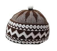AL ITTIHAF Kufi - Gorro para hombre, diseño de zigzag HAJI, para todas las estaciones, con oración musulmana, corona con bola blanca, elástica, talla única, marrón, Talla única