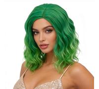 Alacos Fashion - Peluca corta y rizada de 35 cm, resistente al calor, para uso diario, carnaval, fiesta, cosplay, peluca + gorra de peluca (verde brillante degradado)