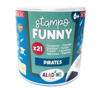 Aladine 85173 - Sellos piratas con tinta negra - Sellos infantiles de 6 años y + - Stampo Funny - Tinta lavable - Actividad manual de dibujo - Barco, Loro, Canon, Tiburón - Idea de regalo