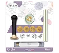 Aladine - Kit de cera para ocultar floral, scrapbooking y tarjetas creativas - Cera + Mango + Tapa de tinta de acabado + 4 sellos temáticos de latón