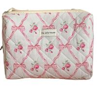 Alafime Bolsa de maquillaje con estampado de lazo floral para mujer Y2k Indie Cutecore bolsa organizadora acolchada centro niñas bolso de algodón Harajuku, Rosa, Medium