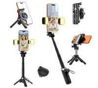 ALAFLY Palo Selfie Trípode con 2 Luces LED para iPhone, Mini Extensible 4 en 1 Selfie Stick Móvil con Inalámbrico Bluetooth, Portátil Soporte Magnético per Telefono con Rotación 360° para Samsung