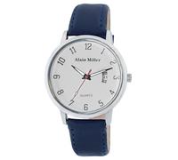 Alain Miller - Reloj analógico para hombre, color blanco, azul, fecha, imitación de piel, cuarzo, azul