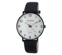 Alain Miller - Reloj analógico para hombre, color blanco y negro, fecha, imitación de piel, cuarzo, Negro