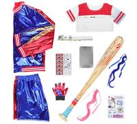 Alaiyaky Disfraz de Harley para mujer, disfraz de payaso Quinn para cosplay, disfraz de Quinn, con guantes, collar, peluca, medias, pegatinas, globo, para chicas geniales, para carnaval, Halloween