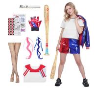 Alaiyaky Disfraz de Harley para mujer, disfraz de payaso Quinn para cosplay, disfraz de Quinn, con guantes, collar, peluca, calcetines, globo, para niñas, para carnaval, Halloween (mujer, M)