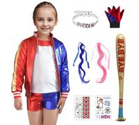 Alaiyaky® Disfraz de Harley Quinn para mujer, disfraz de cosplay de payaso, disfraz de Quinn con guantes, collar, peluca, calcetines, pegatinas, globo, conjuntos geniales para niñas para Carnaval