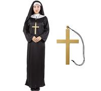 Alaiyaky Disfraz de monja para adulto, disfraz de sacerdote, traje de vicario, disfraz de monje con collar de cruz de cuello blanco, disfraz de Halloween para hombres y mujeres (mujer, XXL)