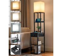 Alampia Lampara de pie Madera, Regulable & 3 Temperaturas de Color, 2 Puertos de Carga USB y 1 Cajón, Lámpara de Pie LED Moderna de Madera para Sala, Dormitorio, Oficina