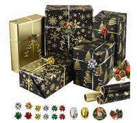ALANGDUO Papel Regalo Navidad Rollo Grande, 3 Rollos 43 x 300 cm Negro y Dorado Papel de Regalo Navidad con Accesorios de Embalaje, para Fiestas y Cumpleaños