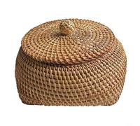 Alanmoship Cesta de almacenamiento de ratán hecha a mano, con tapa para aperitivos, frutas, joyas, decoración, caja de mimbre natural, 16 x 12 cm, organizador portátil, para cocina del hogar