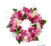 Alanmoship Corona de tulipanes artificiales rosa y blanco de 30 cm para decoración del hogar de primavera, guirnalda floral para puerta y pared, adorno colgante de plástico resistente a la intemperie