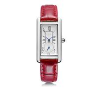 ALANTOP Elegante reloj de cuarzo para mujer, rectangular, con correa de cuero, corona de cristal azul, resistente al agua, diseño elegante, Plata y rojo