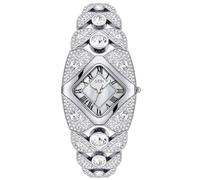 ALANTOP Reloj de cuarzo de lujo con diamantes de imitación para mujer, elegante esfera de perlas con números romanos, elegante reloj de pulsera analógico para ocasiones elegantes, plata