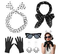 Alaoo 5 Piezas 50's Costume Accessories Set,Accesorios Lunares Vintage de Los años 50, con Bufanda, Diadema,Gafas, Guantes, Pendientes Mujer Carnaval Retro Fiesta Víspera Todos Santos,Negro