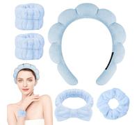 Alaoo 5PCS Diademas de Spa, Diadema Spa para Lavarse La Cara Set, Incluye Diademas, Cintas para El Pelo, Muñequeras y Gomas para El Pelo, Adecuado para Bañarse, Hacer Ejercicio y Hacer Yoga, Azul
