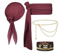 Alaoo Accesorios de Disfraz de Capitán Pirata, 4 Piezas Disfraz Pirata para Hombre, Bandana Pirata y Cinturón, Cadena de Cintura Dorada, Pulsera Pirata, para Fiestas Temáticas Días Divertidos, Burdeos