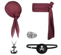 Alaoo Accesorios de Disfraz de Capitán Pirata, 5 Pcs Disfraz Pirata para Hombre, Bandana Pirata y Cinturón, Parches de Ojos Pirata, Collares y Anillos, para Fiestas Temáticas Días Divertidos, Burdeos