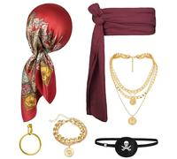 Alaoo Accesorios de Disfraz de Capitán Pirata, 6 Piezas Disfraz Pirata para Hombre, Bandana Pirata y Cinturón, Cadena de Cintura Dorada, Pulsera Pirata, para Fiestas Temáticas Días Divertidos, Rojo