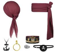 Alaoo Accesorios de Disfraz de Capitán Pirata, 7 Piezas Disfraz Pirata para Hombre, Bandana Pirata y Cinturón, Cadena de Cintura Dorada, Pulsera Pirata, para Fiestas Temáticas Días Divertidos, Burdeos